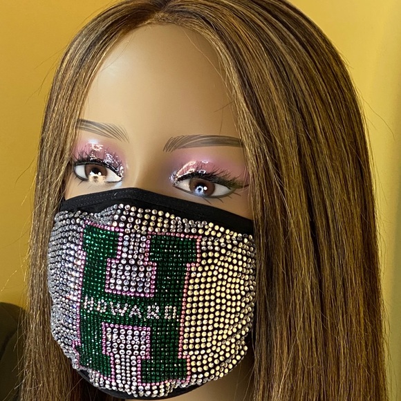 Howard University Bling Face Mask Pink and Green - Picture 4 of 12